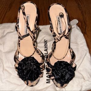 Manolo Blahnik Leopard Satin Flower Sandal 38.5